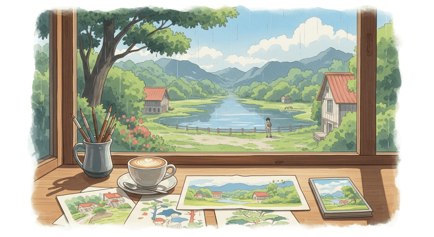 Gentle daydreamer anime girl with tender expression, pastel colors, AI-generated portrait